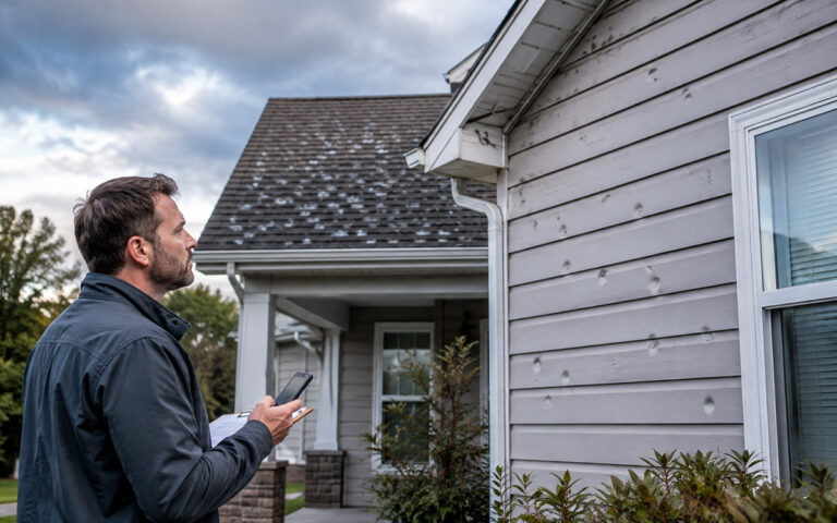 Insurance Claim HQ Warns That Small Storm Damage Can Become Tomorrow’s Denied Claim Homeowner documenting minor hail and storm damage to siding and roof after severe weather.
