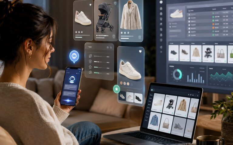 The Next Sales Channel Is Already Here: How DeepLumen Is Opening Agentic Commerce to Merchants Woman using an AI shopping assistant to compare products across a smartphone, laptop, and ecommerce dashboard